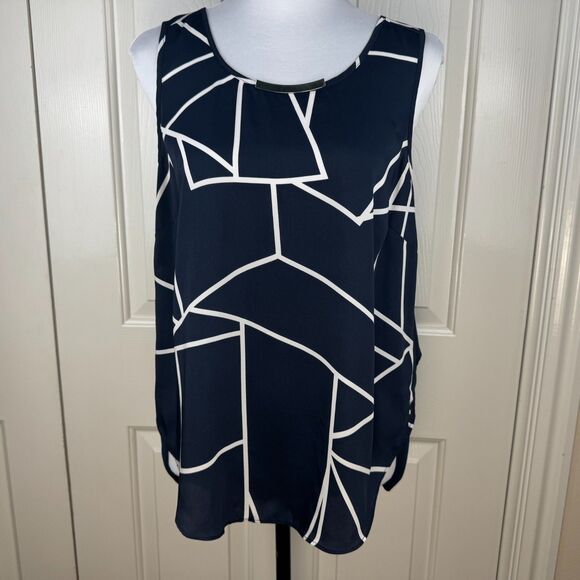 DKNY Women Blouse Sz M Navy Geo Print Round Neck Sleeveless Flowey Sheer Back - Picture 1 of 11